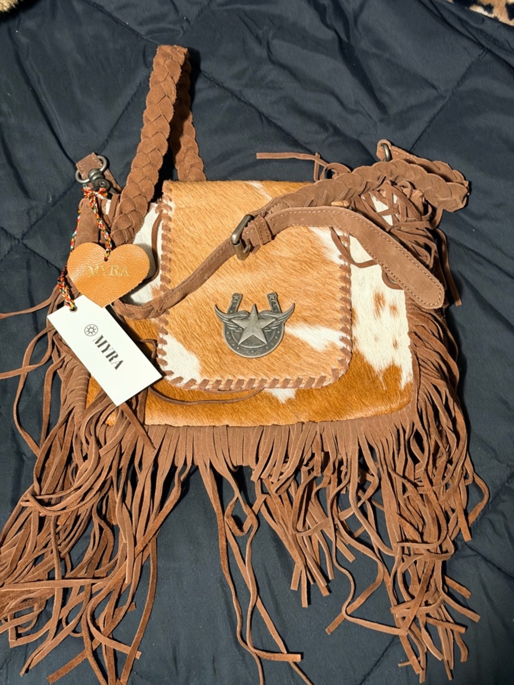 Myra Bag Brown and White Cowhide Fringe Crossbody with Star Concho